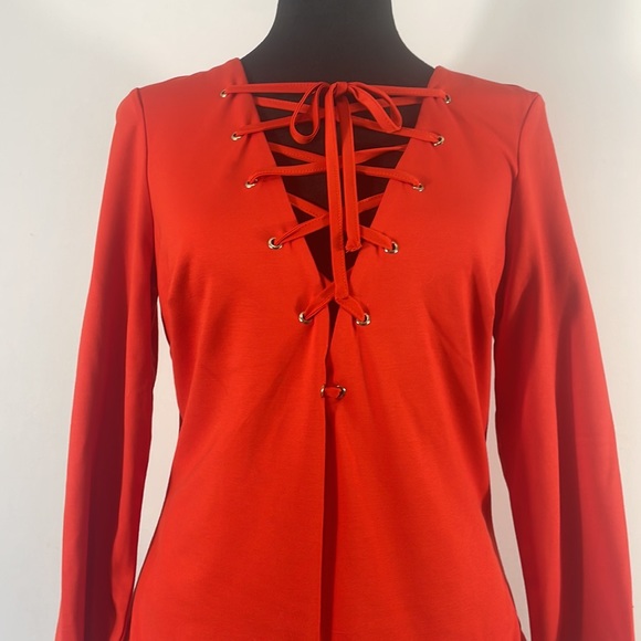 Bebe Red Criss Cross Body Suit, V Neck, Size Large - Picture 2 of 11